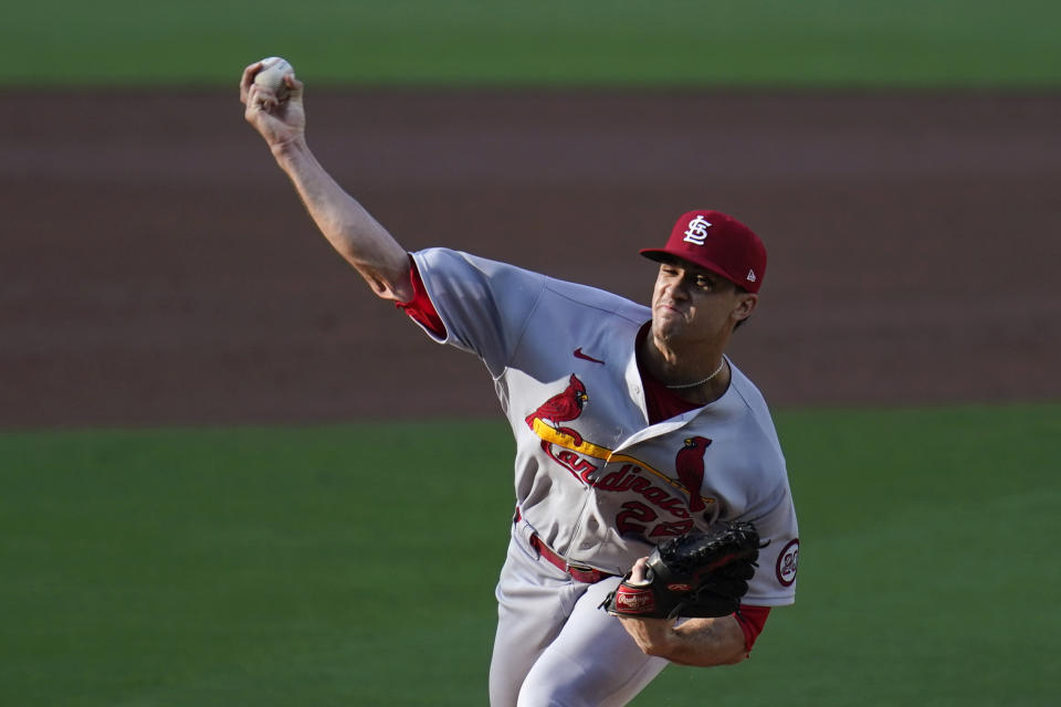 St. Louis Cardinals starting pitcher Jack Flaherty works against a San Diego Padres batter during the second inning of Game 3 of a National League wild-card baseball series Friday, Oct. 2, 2020, in San Diego. (AP Photo/Gregory Bull)