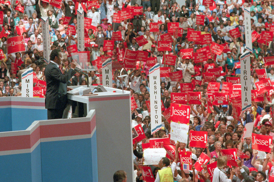 Jackson addresses the Democratic National Convention on July 19, 1988.<span class="copyright">Bettmann Archive/Getty Images</span>