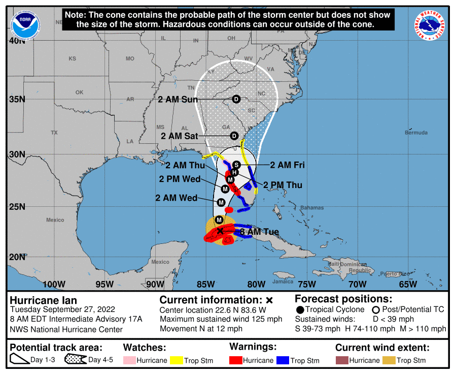 The National Hurricane Center's map showing the cone of uncertainty as of 8 a.m. Tuesday, Sept. 27, 2022.