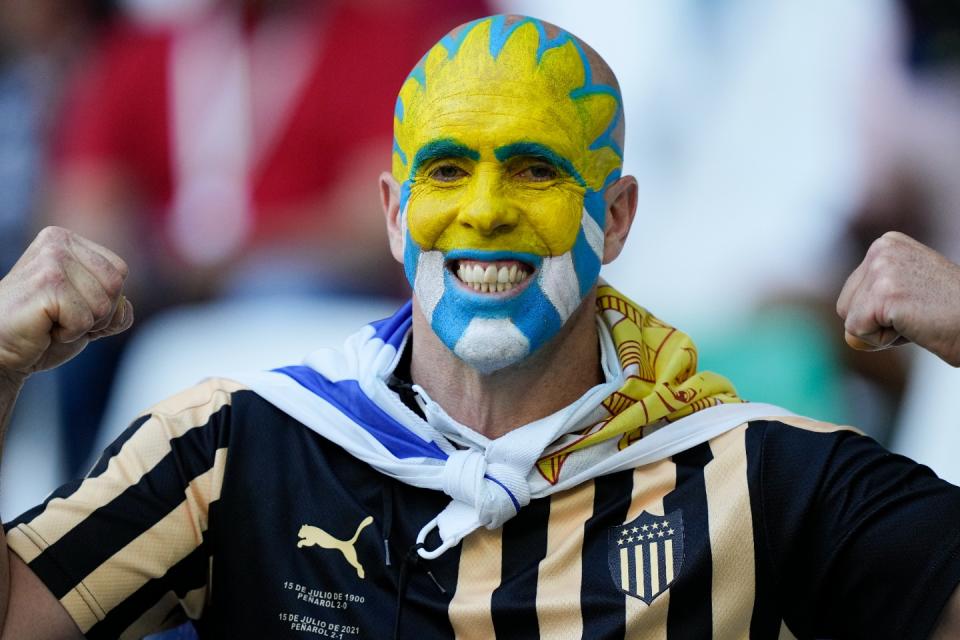 A football fan from Uruguay poses for a picture prior to the World Cup group H football match between Uruguay and South Korea, at the Education City Stadium in Al Rayyan , Qatar, Thursday, Nov. 24, 2022. (AP Photo/Martin Meissner)