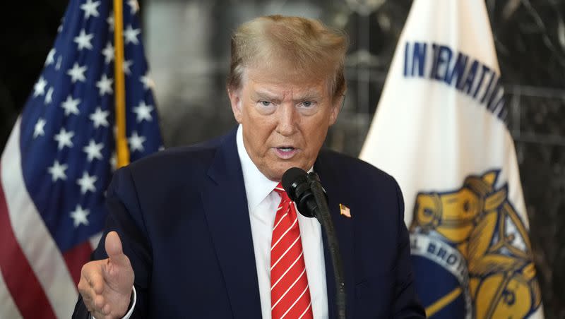 Former President Donald Trump speaks after meeting with members of the International Brotherhood of Teamsters at their headquarters in Washington on Wednesday, Jan. 31, 2024. A federal judge in Washington, D.C., has filed a delay in an election subversion trial against Trump.