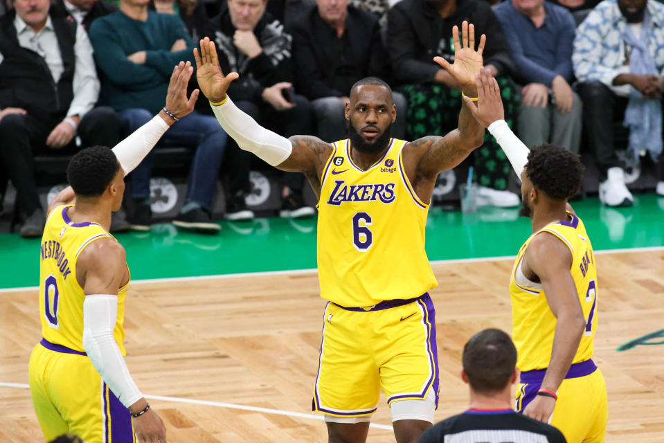 Jan 28, 2023; Boston, Massachusetts, USA; Los Angeles Lakers forward LeBron James (6) reacts during the first half against the Boston Celtics at TD Garden. Mandatory Credit: Paul Rutherford-USA TODAY Sports