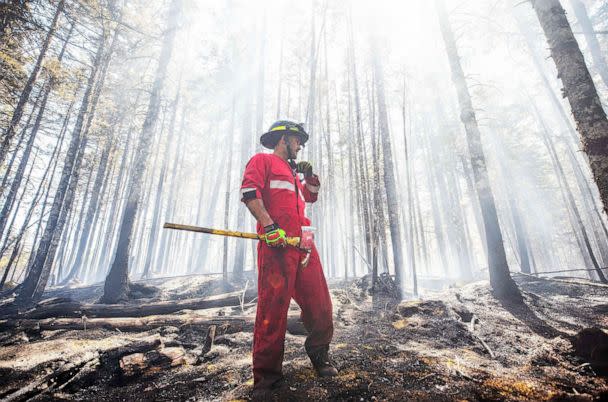 PHOTO: Halifax Regional Fire and Emergency firefighter Zach Rafuse works to put out fires in the Tantallon area of Halifax, Nova Scotia, May 30, 2023 (Nova Scotia Government via AFP/Getty Images)
