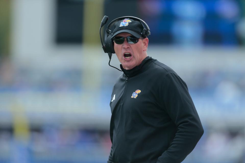 Kansas head football coach Lance Leipold looks on during the first quarter of a game during the 2023 season against Oklahoma inside David Booth Kansas Memorial Stadium.