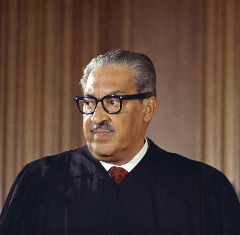 FILE - Supreme Court Associate Justice Thurgood Marshall poses for a photo in Washington, Oct. 24, 1967. Marshall joined the Supreme Court in 1967 as the court's first Black justice. (AP Photo/Charles Tasnadi, File)