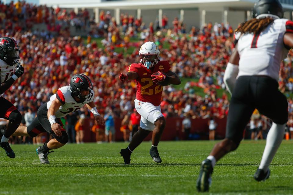 Iowa State running back Deon Silas (22) points for a block against SEMO in Week 1.