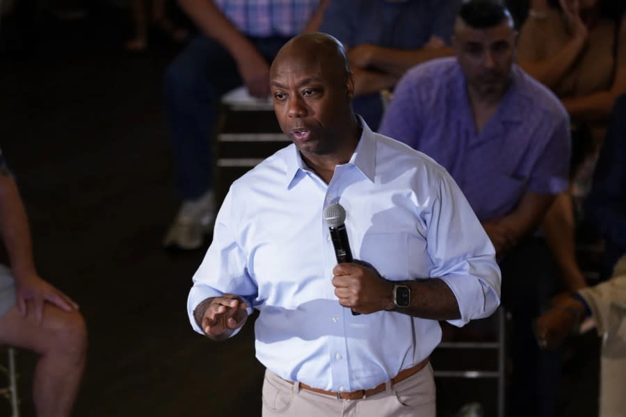 Republican presidential candidate Sen. Tim Scott, R-S.C., speaks during a town hall meeting, Thursday, July 27, 2023, in Ankeny, Iowa.(AP Photo/Charlie Neibergall)