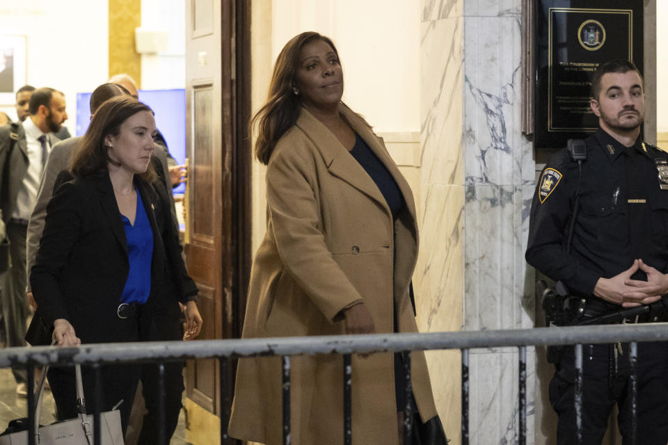 New York Attorney General Letitia James exits courtroom in former President Donald Trump's civil business fraud trial outside New York Supreme Court, Wednesday, Oct. 25, 2023, in New York. (AP Photo/Yuki Iwamura)