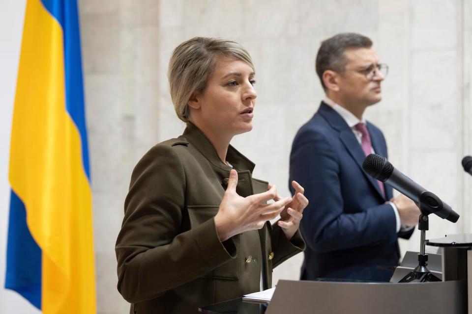 Canada's Foreign Minister Melanie Joly speaks to the media during a press conference with Ukraine's Foreign Minister Dmytro Kuleba in Kyiv, Ukraine, on Friday, Feb. 2, 2024. 