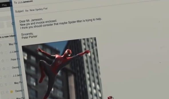 A shot of Peter sending a photo of himself as Spider-Man to J. Jonah Jameson in "The Amazing Spider-Man 2"