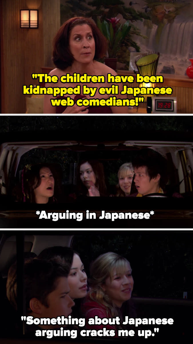 Freddie's mom says the kids have been kidnapped by evil Japanese web comedians, and later Sam says she finds Japenese people arguing funny