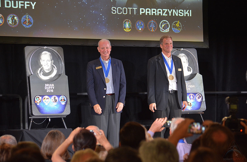 Veteran space shuttle astronauts Brian Duffy and Scott Parazynski were enshrined as the 92nd and 93rd members of the U.S. Astronaut Hall of Fame at NASA’s Kennedy Space Center Visitor Complex in Florida on Saturday, May 1