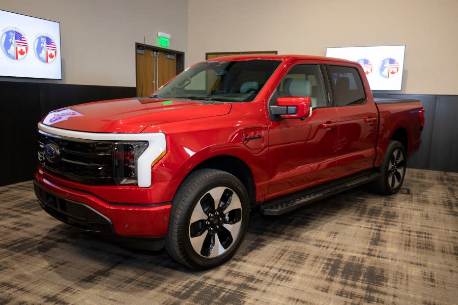 PONTIAC, MI – JANUARY 11: The 2023 Ford F-150 Lightning truck is shown after winning the NACTOY 2023 North American Truck of The Year Award at the 2023 North American Car, Truck, and Utility Vehicle of the Year Awards on January 11, 2023 in Pontiac, Michigan. The finalists were judged by a jury of 50 professional automotive journalists from the United States and Canada.(Photo by Bill Pugliano/Getty Images)