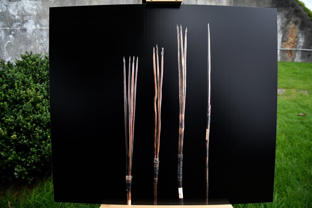 A photograph of the four historic Australian Aboriginal Kamay spears that will be repatriated back to Country is seen during a press conference on Bare Island, in Sydney, Australia on 2 March 2023 (EPA)