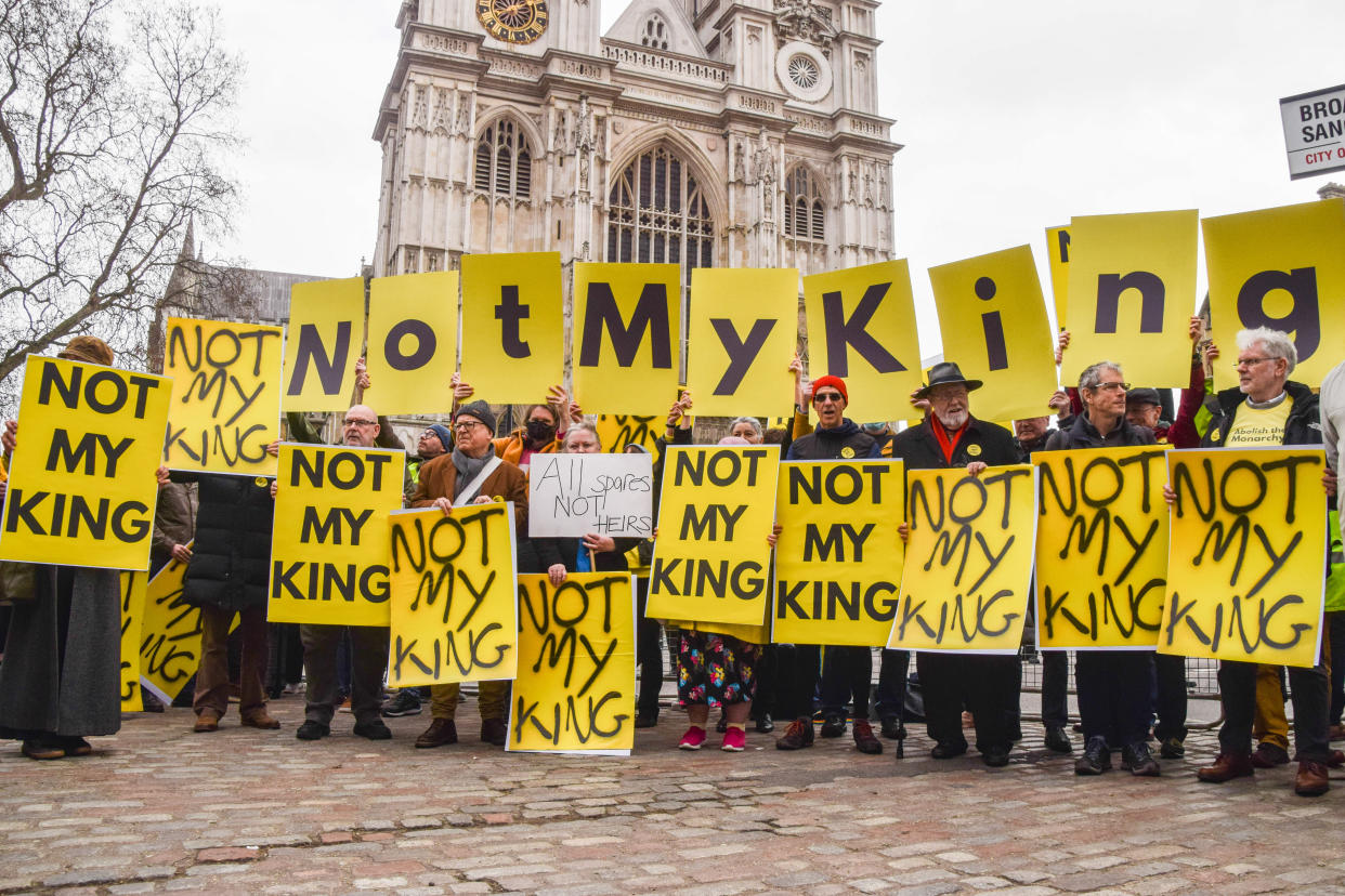 LONDON, UNITED KINGDOM - 2023/03/13: Anti-monarchy protesters hold placards reading 'Not My King' during the demonstration outside Westminster Abbey, as King Charles III and other members of the royal family arrive for the Commonwealth Day Service. (Photo by Vuk Valcic/SOPA Images/LightRocket via Getty Images)