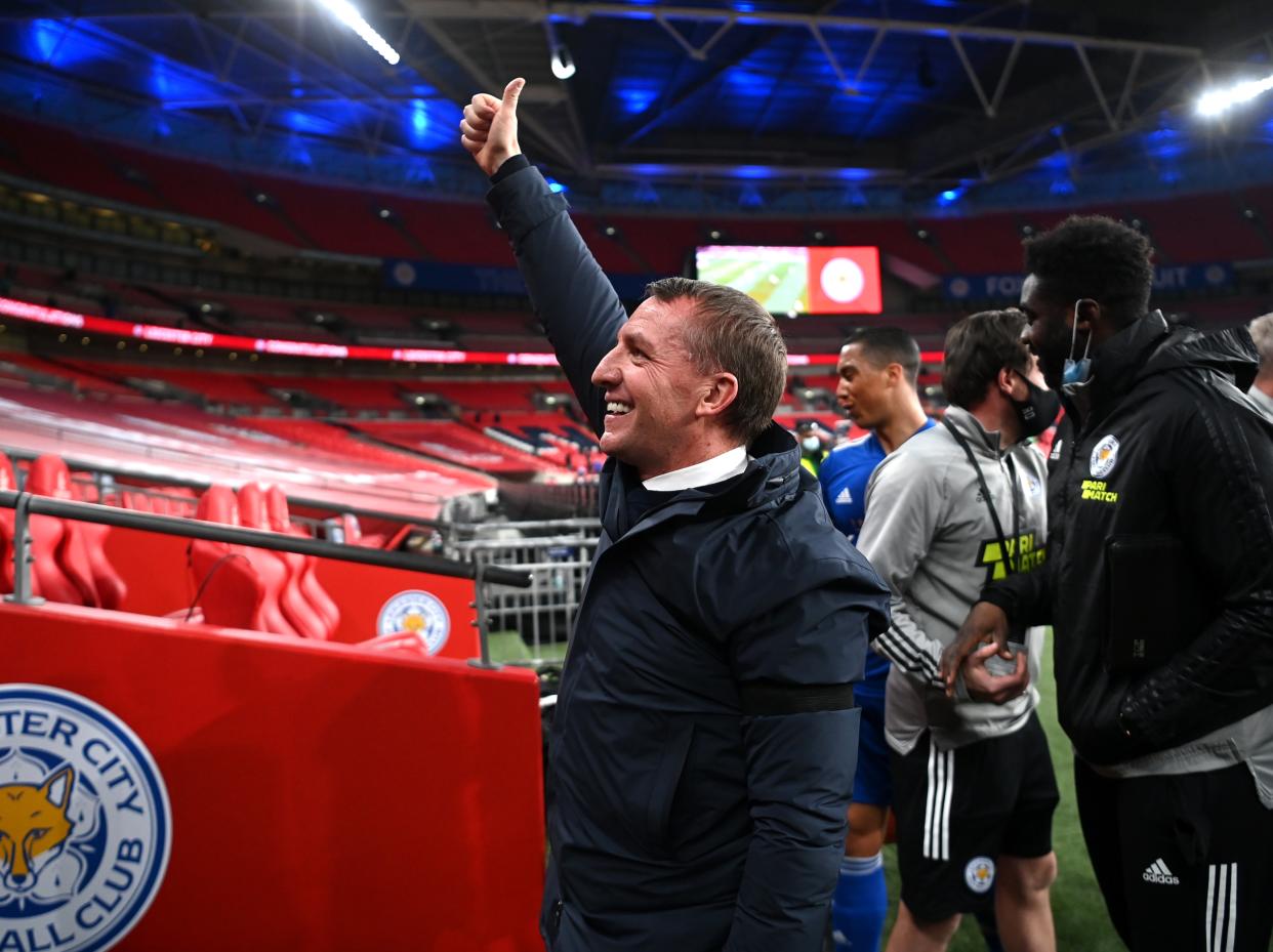 Brendan Rodgers celebrates after winning the FA Cup semi-final (The FA via Getty Images)