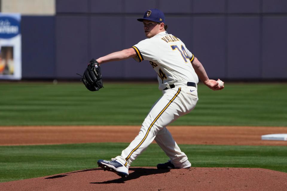 Mar 23, 2023; Phoenix, Arizona, USA; Milwaukee Brewers pitcher Gus Varland (74) throws against the San Diego Padres in the first inning at American Family Fields of Phoenix. Mandatory Credit: Rick Scuteri-USA TODAY Sports