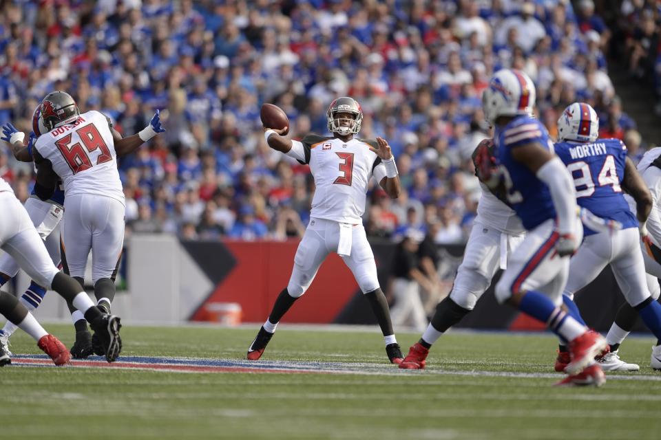 Jameis Winston (3) throws a pass during the second half of an NFL football game against the Buffalo Bills Sunday, Oct. 22, 2017, in Orchard Park, N.Y. (AP Photo/Adrian Kraus)