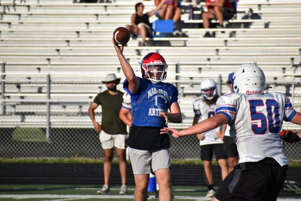 Martinsville's Tyler Adkins throws a pass during the Artesians' scrimmage with Indian Creek on June 22, 2022.