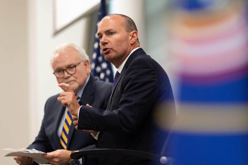 Left to right, President and CEO of the Sutherland Institute Rick Larsen moderates a discussion with Utah Senator Mike Lee at the Sutherland Institute’s 2023 Congressional Series at the Hinckley Institute on the University of Utah campus in Salt Lake City on Tuesday, Aug. 22, 2023. | Megan Nielsen, Deseret News