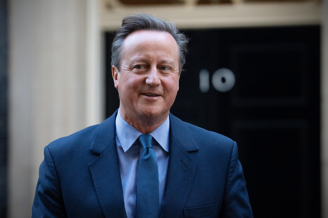 LONDON, ENGLAND - NOVEMBER 13: Britain's former Prime Minister, David Cameron, leaves 10, Downing Street after being appointed Foreign Secretary in a Cabinet reshuffle on November 13, 2023 in London, England. Rishi Sunak came under pressure last week to sack Suella Braverman after she wrote an article criticising the Met Police over Pro-Palestinian Marches which was not signed off by Downing Street. At the weekend, several far-right protestors were arrested after confrontations at the Cenotaph during the Armistice Day service.  (Photo by Carl Court/Getty Images)