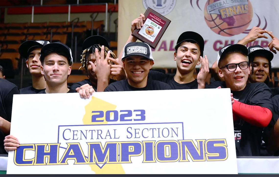 Tulare Western celebrates its 60-40 win against Kerman at the CIF Central Section Division IV basketball championship Friday, Feb. 24, 2023 in Fresno.
