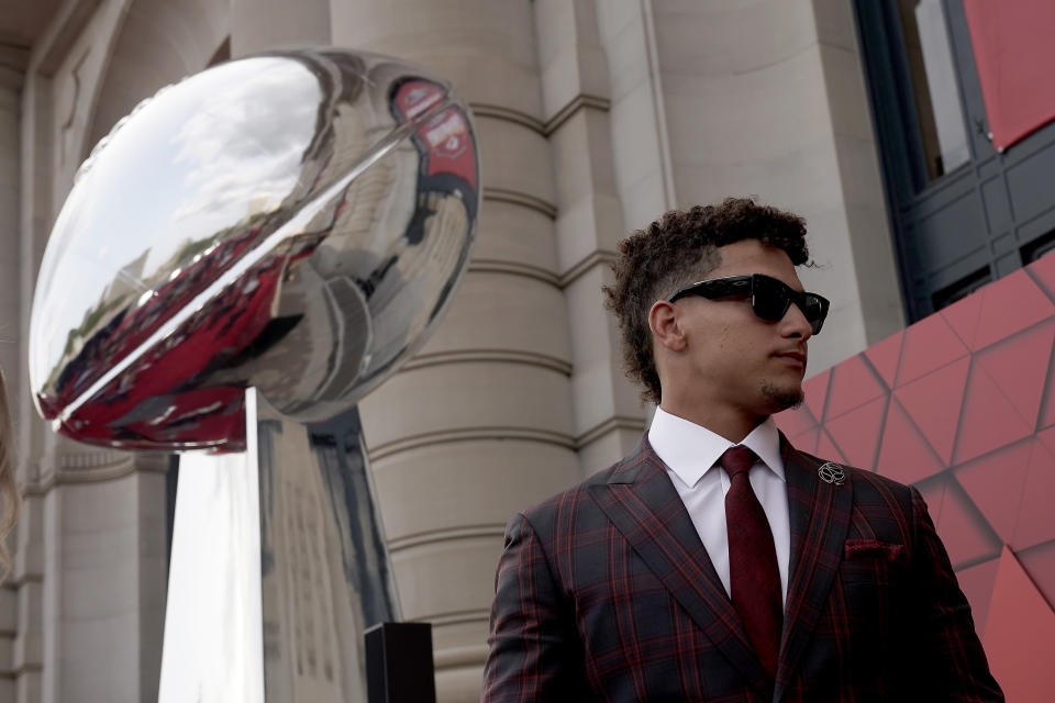 Kansas City Chiefs quarterback Patrick Mahomes arrives at a ceremony for team members to receive their championship rings for winning NFL football's Super Bowl LVII, Thursday, June 15, 2023, in Kansas City, Mo. (AP Photo/Charlie Riedel)