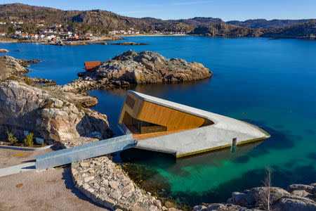 "Under", a semi-submerged restaurant beneath the waters of the North Atlantic which will be open to public on March 21, 2019 is pictured in Lindesnes, south west of Oslo, Norway March 19, 2019. Picture taken March 19, 2019. NTB Scanpix/Tor Erik Schroder via REUTERS