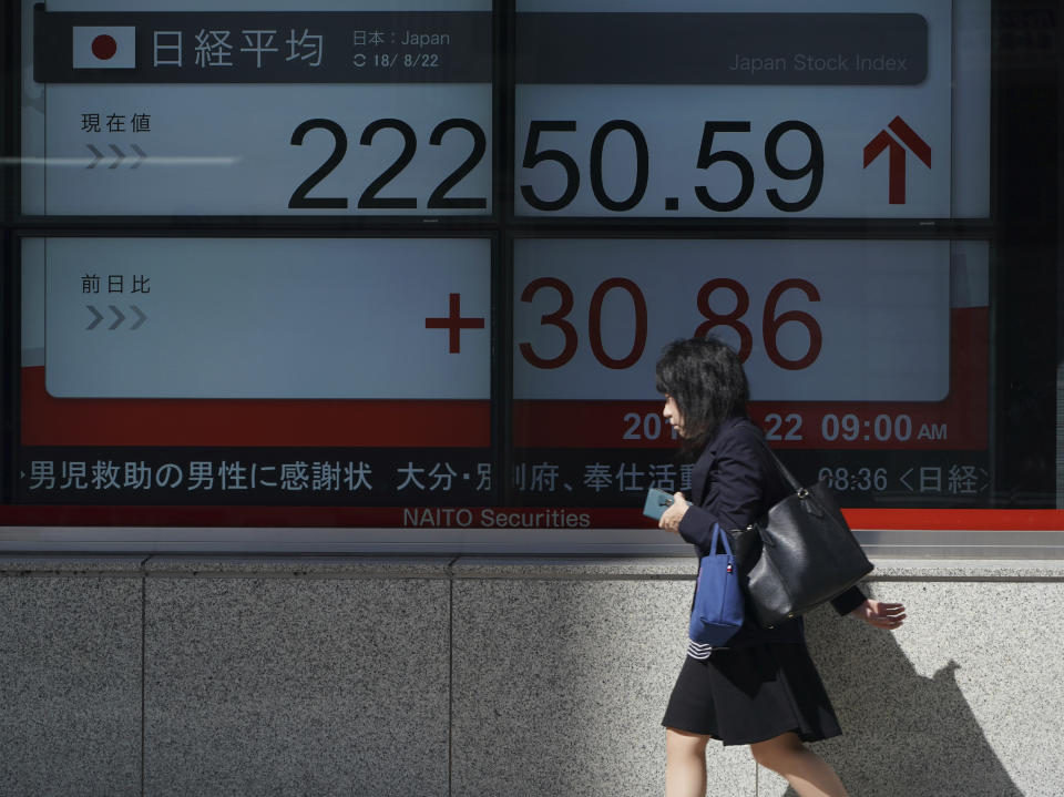 A woman walks past an electronic stock board showing Japan's Nikkei 225 index at a securities firm Wednesday, Aug. 22, 2018, in Tokyo. Asian shares were mixed Wednesday, as some markets were cheered by bullish sentiments on Wall Street despite concerns about an ongoing trade dispute with China. (AP Photo/Eugene Hoshiko)