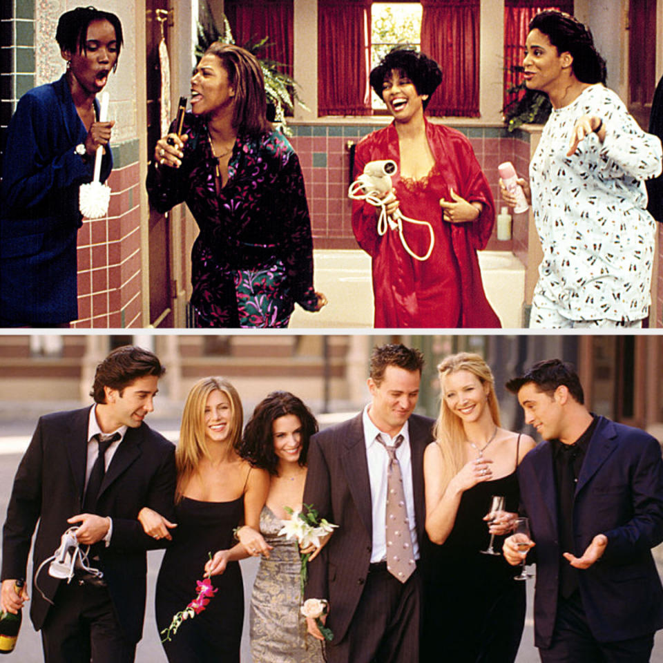 The cast of "Living Single" posing for a portrait; The cast of "Friends" posing for a portrait