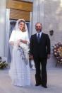 <p>For this royal wedding, Queen Noor al-Hussein, née Lisa Halaby, dressed modestly in an elegant high-neck, tiered gown by Christian Dior. </p>