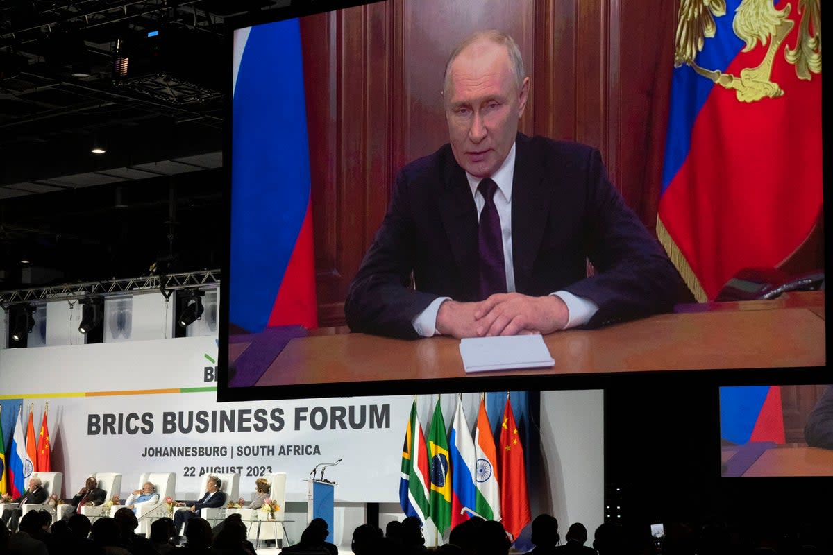 Russian President Vladimir Putin addresses leaders from the BRICS group of emerging economies at the start of a three-day summit in Johannesburg, South Africa  (AP)