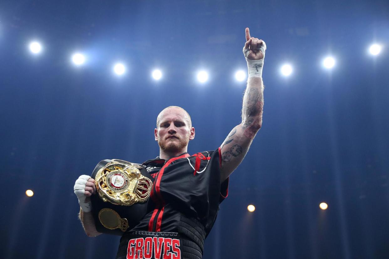 Groves celebrates knocking out Jamie Cox durng thier WBSS Super Middleweight quarter-final at SSE Arena on October 14, 2017 in London: Richard Heathcote/Getty Images