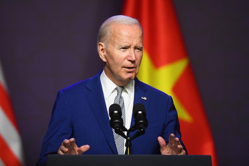 US President Joe Biden holds a news conference in Hanoi on Sept. 10, 2023, after attending a summit of G20 leaders in India.