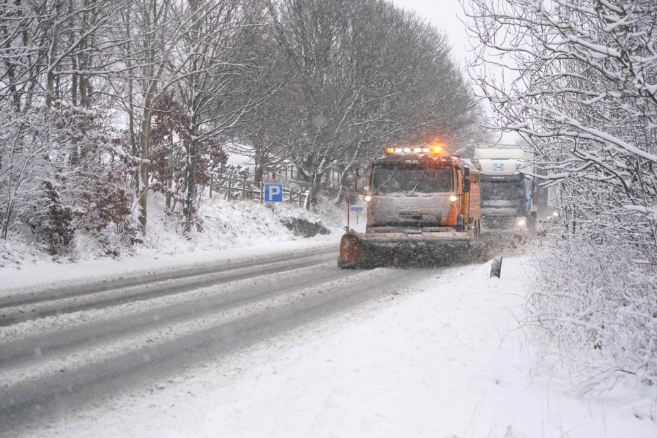 A snowplough on the A66 near Keswick in Cumbria on Tuesday (Owen Humphreys/PA Wire)