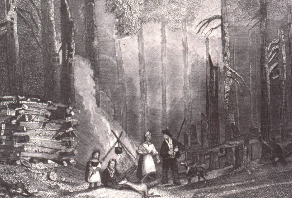 A cabin in the wilderness as seen in a print from the 1840s.