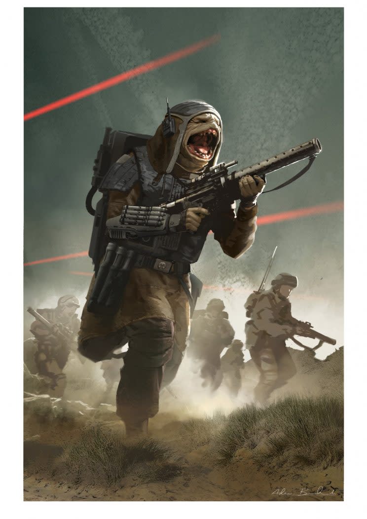 Version 1B of Pao, the amphibian Rebel commando featured in the battle on Scarif in <i>Rogue One: A Star Wars Story</i>, by concept artist Adam Brockbank (Image: Lucasfilm/Disney)