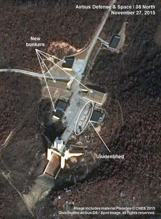 Airbus Defense & Space and 38 North satellite image shows the construction of new propellant bunkers at the launch pad and engine test stand at the Sohae Satellite Launch Station in North Korea on November 27, 2015 and released on December 9, 2015. Mandatory Credit. REUTERS/Airbus Defense & Space and 38 North/Handout via Reuters