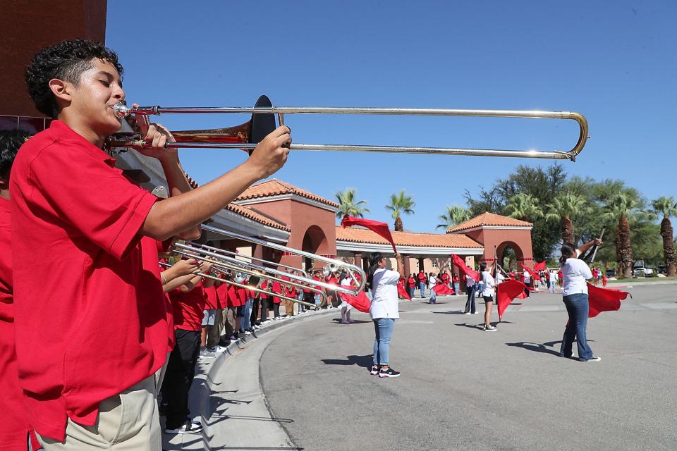 The Spirit of the Sands band plays to welcome students back for the first day of school at Palm Springs High School in Palm Springs, Calif., August 10, 2022. 