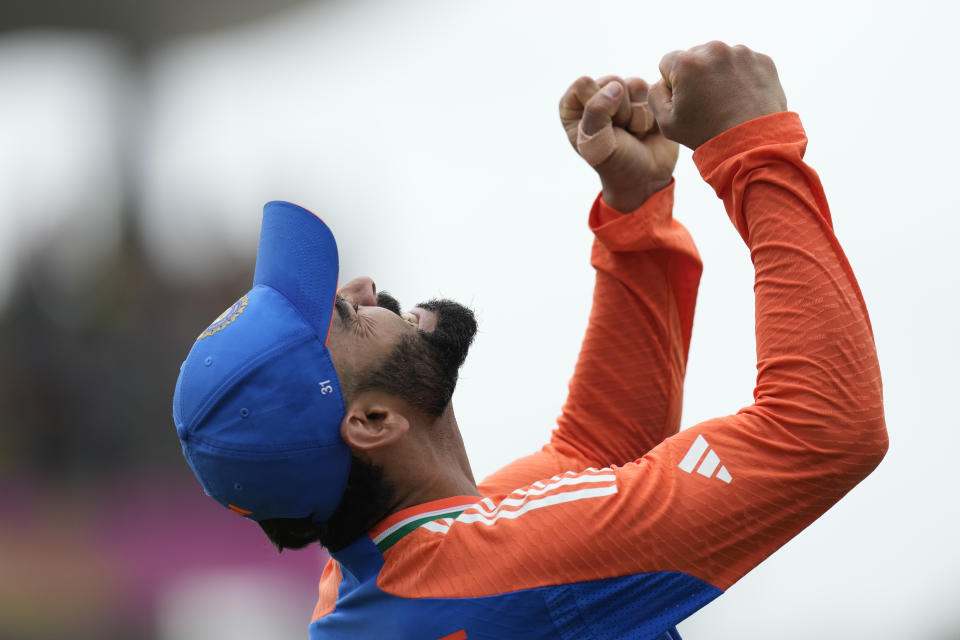 India's Virat Kohli celebrates after their win against South Africa in the ICC Men's T20 World Cup final cricket match at Kensington Oval in Bridgetown, Barbados, Saturday, June 29, 2024. (AP Photo/Ricardo Mazalan)