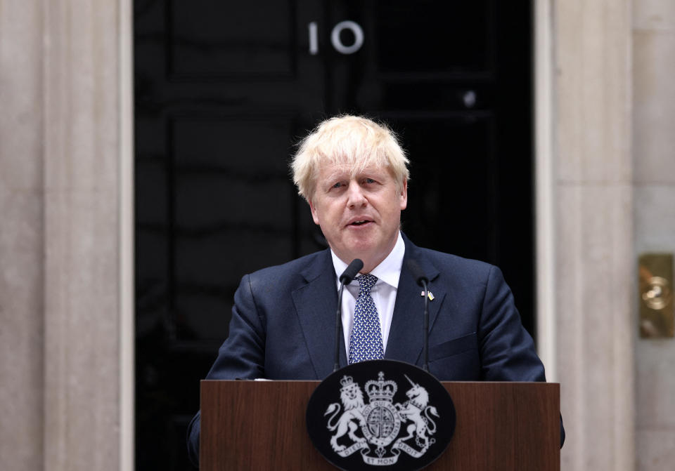 British Prime Minister Boris Johnson makes a statement at Downing Street in London, Britain, July 7, 2022. / Credit: HENRY NICHOLLS / REUTERS
