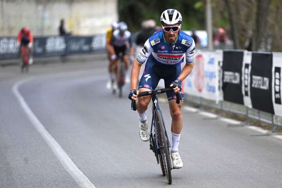 TORTORETO ITALY  MARCH 09 Julian Alaphilippe of France and Team Soudal QuickStep attacks during the 58th TirrenoAdriatico 2023 Stage 4 a 218km stage from Greccio to Tortoreto 229m  UCIWT  TirrenoAdriatico  on March 09 2023 in Tortoreto Italy Photo by Tim de WaeleGetty Images