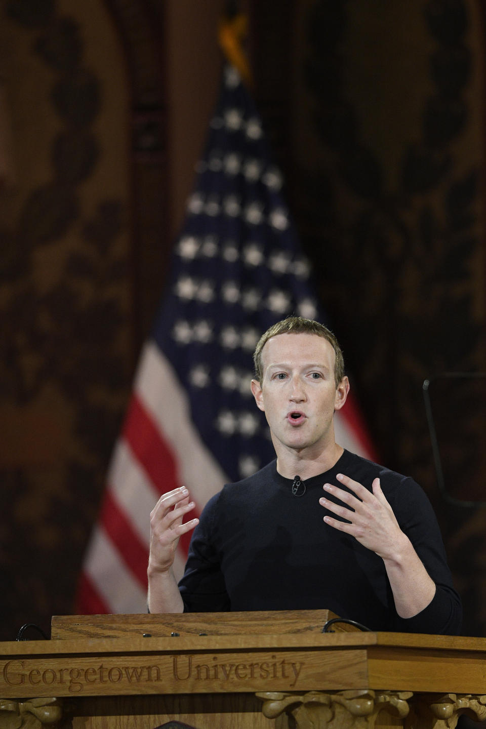 Facebook CEO Mark Zuckerberg speaks at Georgetown University, Thursday, Oct. 17, 2019, in Washington. (AP Photo/Nick Wass)