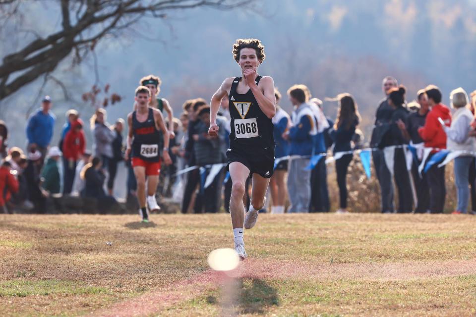 Ben Pizarro from Tatnall finishes the boys division II race at the DIAA Cross Country Championships Saturday, Nov. 11, 2023; at Brandywine Creek State Park in Wilmington, DE.