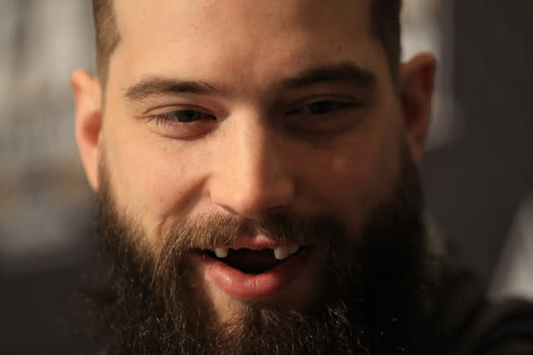 LOS ANGELES, CA - JANUARY 28: Brent Burns #88 of the San Jose Sharks speaks to the media during 2017 NHL All-Star Media Day as part of the 2017 NHL All-Star Weekend at the JW Marriott on January 28, 2017 in Los Angeles, California. (Photo by Sean M. Haffey/Getty Images)