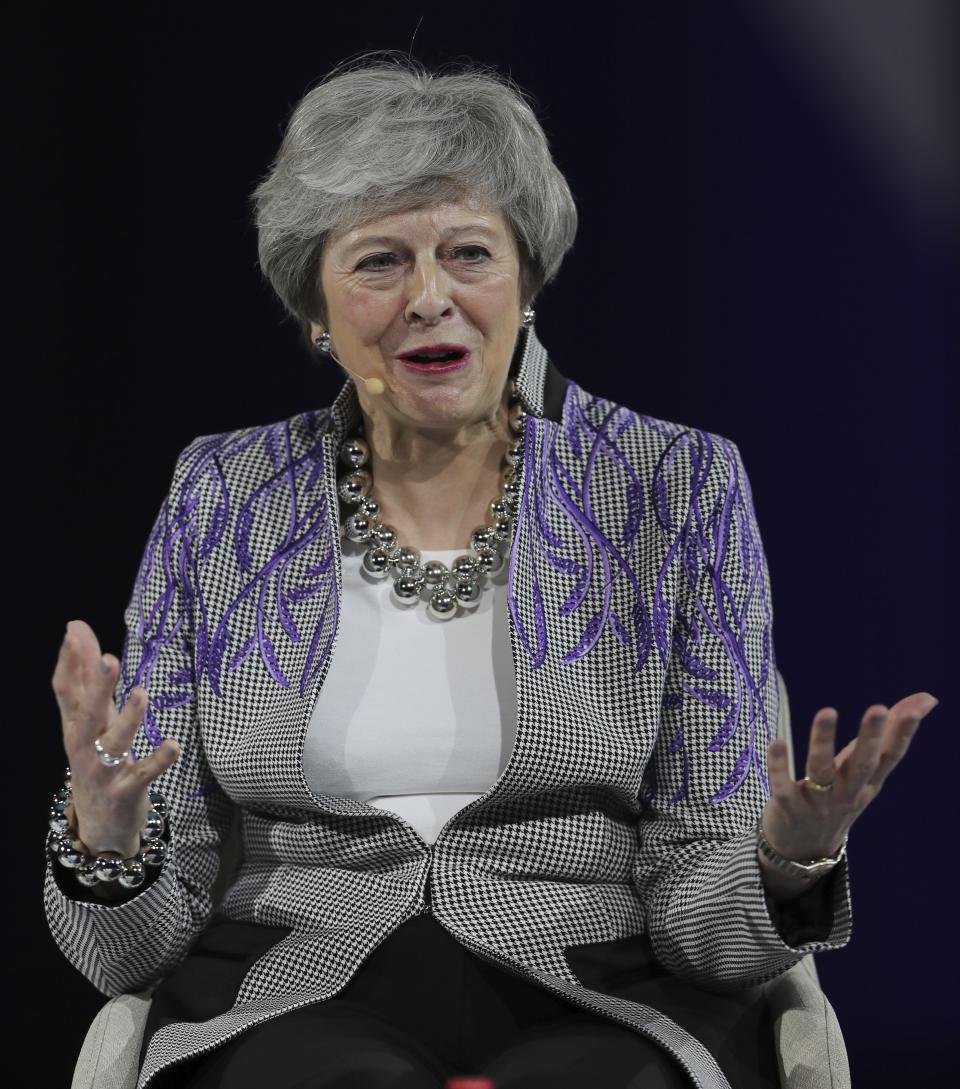 Former British Prime Minister Theresa May speaks at the Global Women's Forum in Dubai, United Arab Emirates, Monday, Feb. 17, 2020. (AP Photo/Kamran Jebreili)