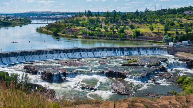 One of a series of 5 waterfalls that cascade over hydroelectric dams along the upper Missouri River in Great Falls, Montana.