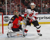 SUNRISE, FL - APRIL 21: Patrik Elias #26 of the New Jersey Devils positions himself in front of goaltender Jose Theodore #60 of the Florida Panthers to attempt to redirect the puck in Game Five of the Eastern Conference Quarterfinals during the 2012 NHL Stanley Cup Playoffs at the BankAtlantic Center on April 21, 2012 in Sunrise, Florida. The Panthers defeated the Devils 3-0. (Photo by Joel Auerbach/Getty Images)