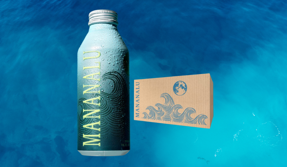 An aluminum bottle with wave design reading 