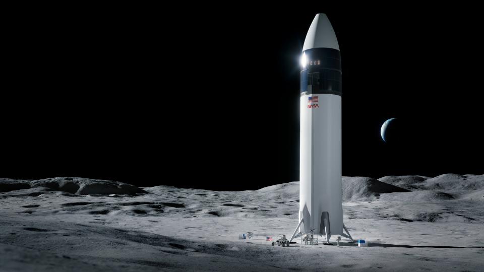 An illustration of a SpaceX Starship human lander design that will carry the first Nasa astronauts to the Moon (SpaceX)